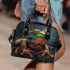 Illustrative colorful frog with fractal skin and glowing eyes shoulder handbag