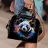 Panda portrait white fur with black and rainbow accents shoulder handbag