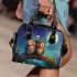 Two cute cartoon owls sitting on a log in love shoulder handbag