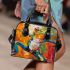 Vibrant painting of an happy dancing frog shoulder handbag