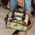 Whimsical scene of three frogs perched on branches shoulder handbag