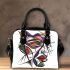 Abstract female face tattoo design with purple shoulder handbag