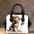 Beagle puppy holding a pink rose in its mouth shoulder handbag