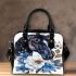 Black horse head with white rose and blue flowers shoulder handbag