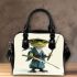 Cartoon frog character dressed as a samurai holding shoulder handbag