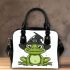 Cartoon green frog with black witch hat shoulder handbag
