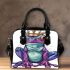 Crown on top of purple and blue tree frog cartoon caricature shoulder handbag