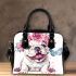 Cute and happy english bulldog puppy with pink roses shoulder handbag