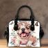 Cute baby english bulldog dog wearing a flower crown and butterfly shoulder handbag