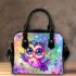 Cute baby owl with big eyes wearing pink and purple dress shoulder handbag