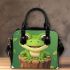 Cute cartoon frog sitting on a tree stump shoulder handbag