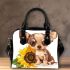 Cute chihuahua puppy with big eyes sitting next to a sunflower shoulder handbag