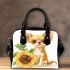 Cute chihuahua puppy with big eyes sitting next to a sunflower shoulder handbag