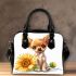 Cute chihuahua puppy with big eyes sitting next to sunflower shoulder handbag