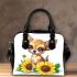 Cute chihuahua puppy with big eyes sitting next to sunflower shoulder handbag