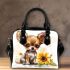 Cute chihuahua puppy with big eyes sitting next to sunflower shoulder handbag