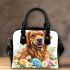 Cute golden retriever with easter eggs and white daisies shoulder handbag