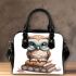 Cute owl with blue glasses sits on top of books shoulder handbag