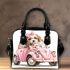 Cute pink car with a cute puppy wearing bow on its head shoulder handbag