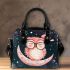 Cute pink owl with a bow and glasses sitting on the moon shoulder handbag