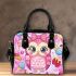 Cute pink owl with a bow on its head surrounded by candy shoulder handbag