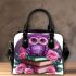 Cute purple owl sitting on top of books surrounded shoulder handbag