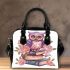 Cute purple owl sitting on top of books surrounded by pink roses shoulder handbag
