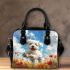 Cute white puppy running in a flower field shoulder handbag