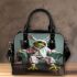 Green frog in a white bunny costume sitting on chair shoulder handbag