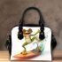 Happy frog wearing sunglasses surfing on a surfboard while holding shoulder handbag