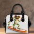 Happy frog wearing sunglasses surfing on a surfboard while holding shoulder handbag