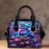 Neon blue frog sitting on top of colorful mushrooms in the forest shoulder handbag