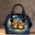 Two cute owls in love sitting on the crescent moon shoulder handbag