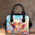 Two cute owls sitting on flowers with colorful butterflies shoulder handbag