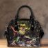 Vividly colored frog dancing on its hind legs shoulder handbag