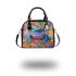 An airbrush cartoon of a blue green frog with rainbow shoulder handbag