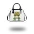 Cartoon drawing of an angry frog standing on its hind legs shoulder handbag