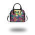 Colorful cute cartoon peacock frog sitting on top of an egg shoulder handbag