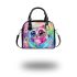 Cute baby owl with big eyes wearing pink and purple dress shoulder handbag