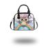 Cute cartoon owl with big eyes wearing a colorful shoulder handbag