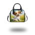 Cute cartoon puppy sitting on the grass shoulder handbag
