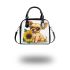 Cute chihuahua puppy with big eyes sitting next to a sunflower shoulder handbag