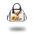 Cute chihuahua puppy with big eyes sitting next to sunflower shoulder handbag