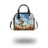 Cute white puppy running in a flower field shoulder handbag