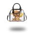 Cute yorkshire terrier in a summer hat and sunglasses holding shoulder handbag