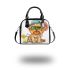 Cute yorkshire terrier in a summer hat and sunglasses holding shoulder handbag