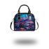 Frog sitting on colorful mushrooms in the forest shoulder handbag