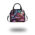 Frog sitting on colorful mushrooms in the forest shoulder handbag