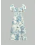 Women's Summer Maxi Dress – Plant Print, Square Neckline, Bubble Sleeves, Cinched Waist, Casual Vacation Outfit