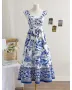 Vintage Women's Summer Dress – Blue & White Floral Print, Square Neck, Cap Sleeves, Ruffle Back, Tie Waist A-Line Holiday Outfit